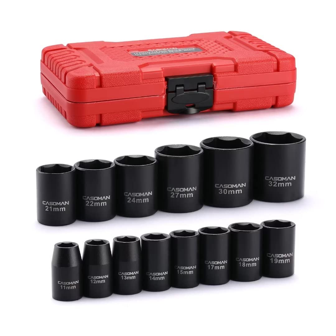 CASOMAN 14-piece 1/2-inch shallow socket set with laser-etched sizes for quick identification