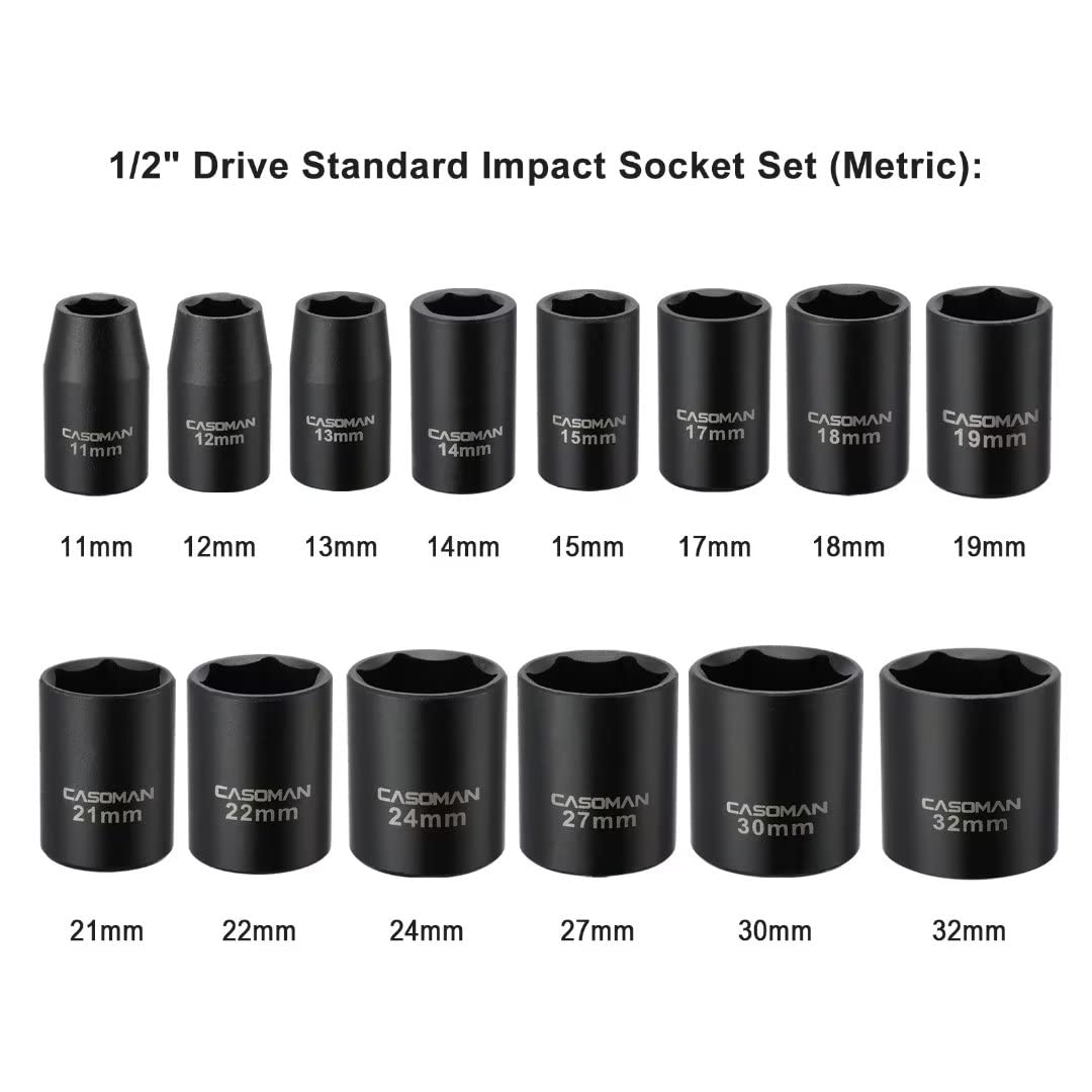 CASOMAN socket set shows sizes from 11mm to 32mm for versatility