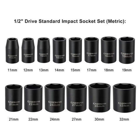 CASOMAN socket set shows sizes from 11mm to 32mm for versatility