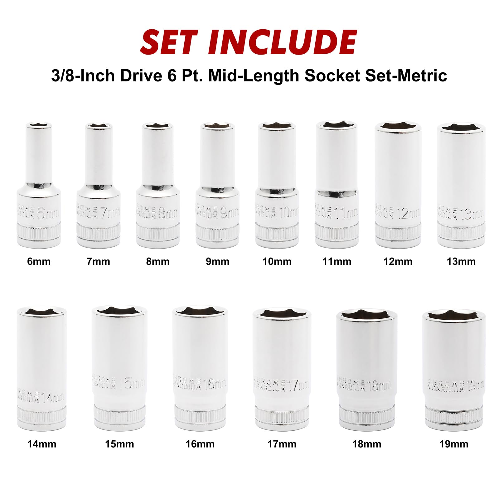 CASOMAN 6-19 mm mid-length sockets with laser-etched markings for quick size selection.