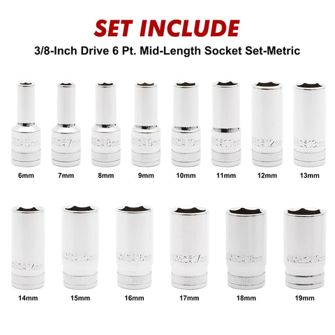 CASOMAN 6-19 mm mid-length sockets with laser-etched markings for quick size selection.