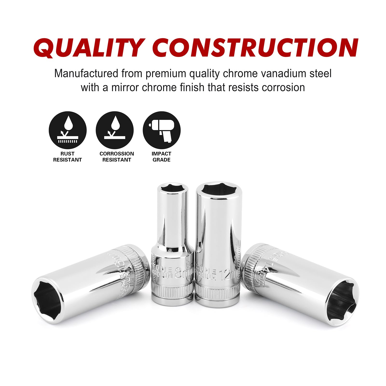 CASOMAN chrome finish mid-length sockets highlight 6-point design for stronger grip.