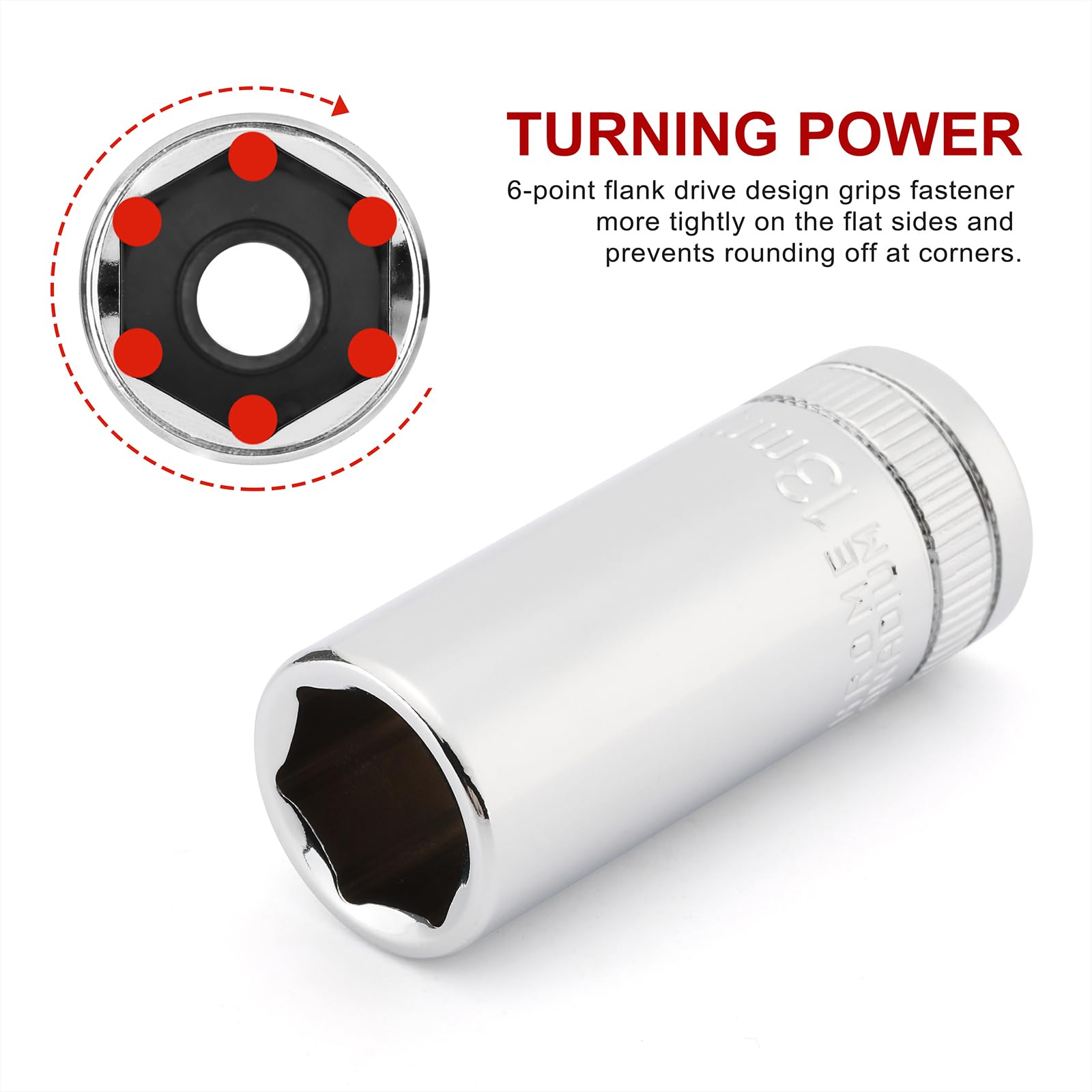CASOMAN chrome-vanadium steel sockets offer corrosion resistance for lasting use.