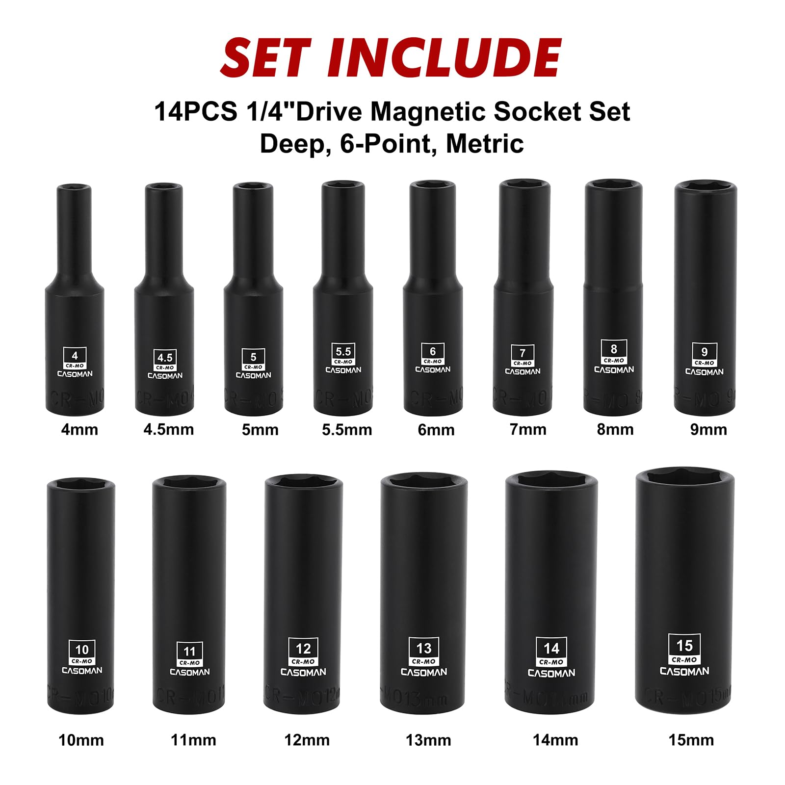 Casoman 14pcs deep sockets lineup enhances reach for stubborn fasteners.
