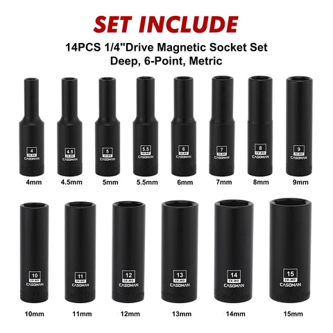 Casoman 14pcs deep sockets lineup enhances reach for stubborn fasteners.