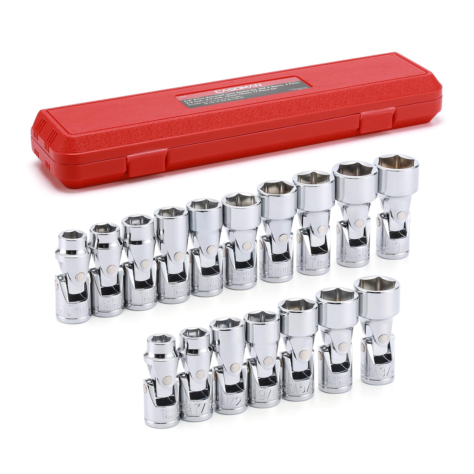CASOMAN 17-piece 3/8-inch drive flex socket set with swivel head for tight spaces.