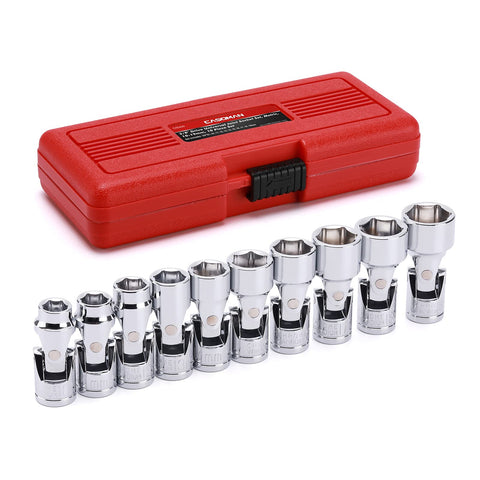 Casoman 3/8 drive flex socket set reaching tight spaces for versatile access.