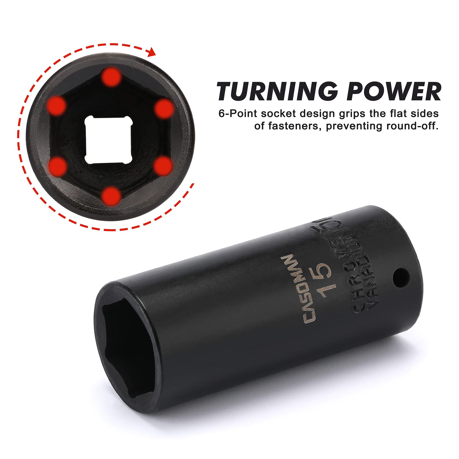 CASOMAN metric deep 12 mm socket, high-torque capability in tight spaces