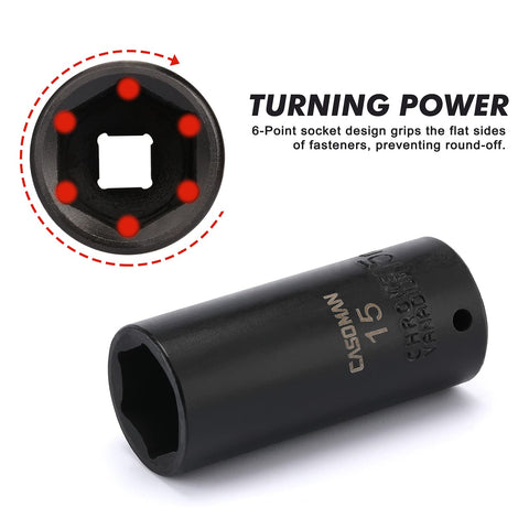 CASOMAN metric deep 12 mm socket, high-torque capability in tight spaces
