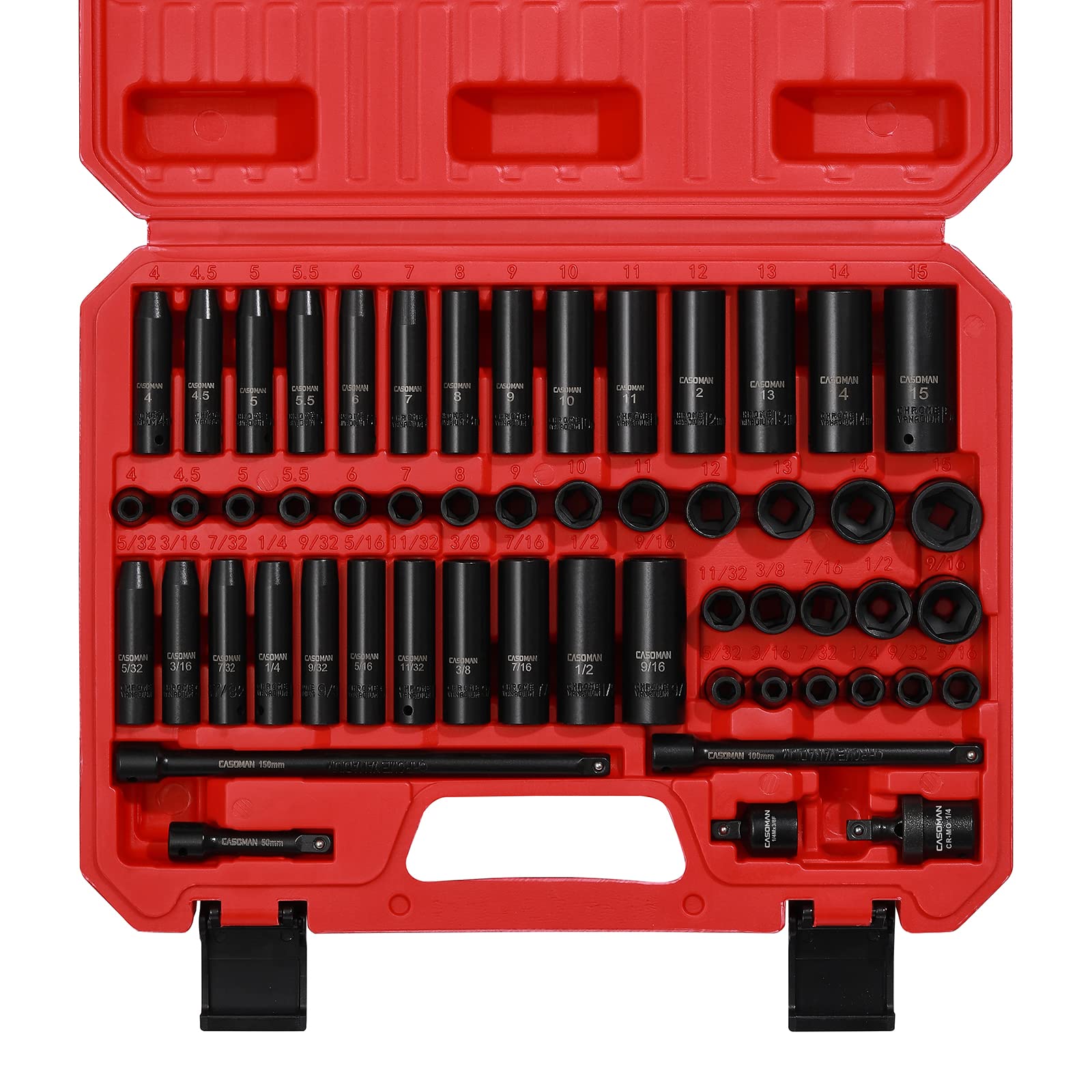 CASOMAN 55PCS 1/4-drive socket set top view, organized for quick access