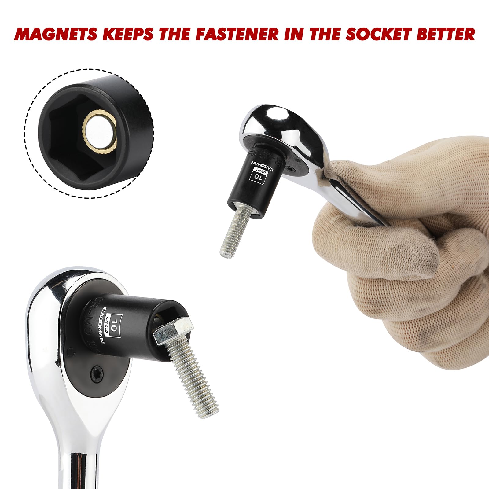 CASOMAN 6-point flank-drive sockets reduce rounding during fastener work.