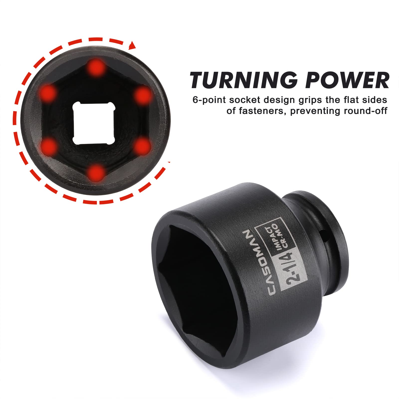 Casoman 6-point spindle socket ensures secure hub nut engagement.