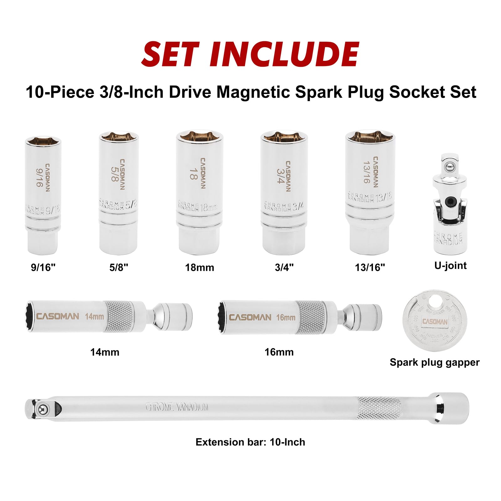 CASOMAN 6PT spark plug sockets for 9/16 to 13/16mm reach tight spaces