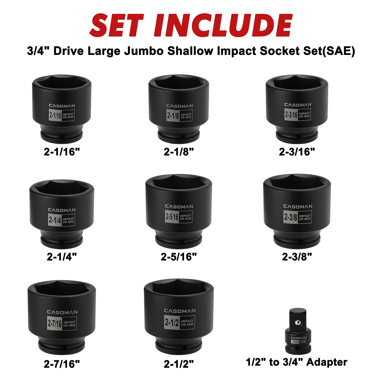 Casoman adapter for half to three-quarter drive enables versatile tool compatibility.