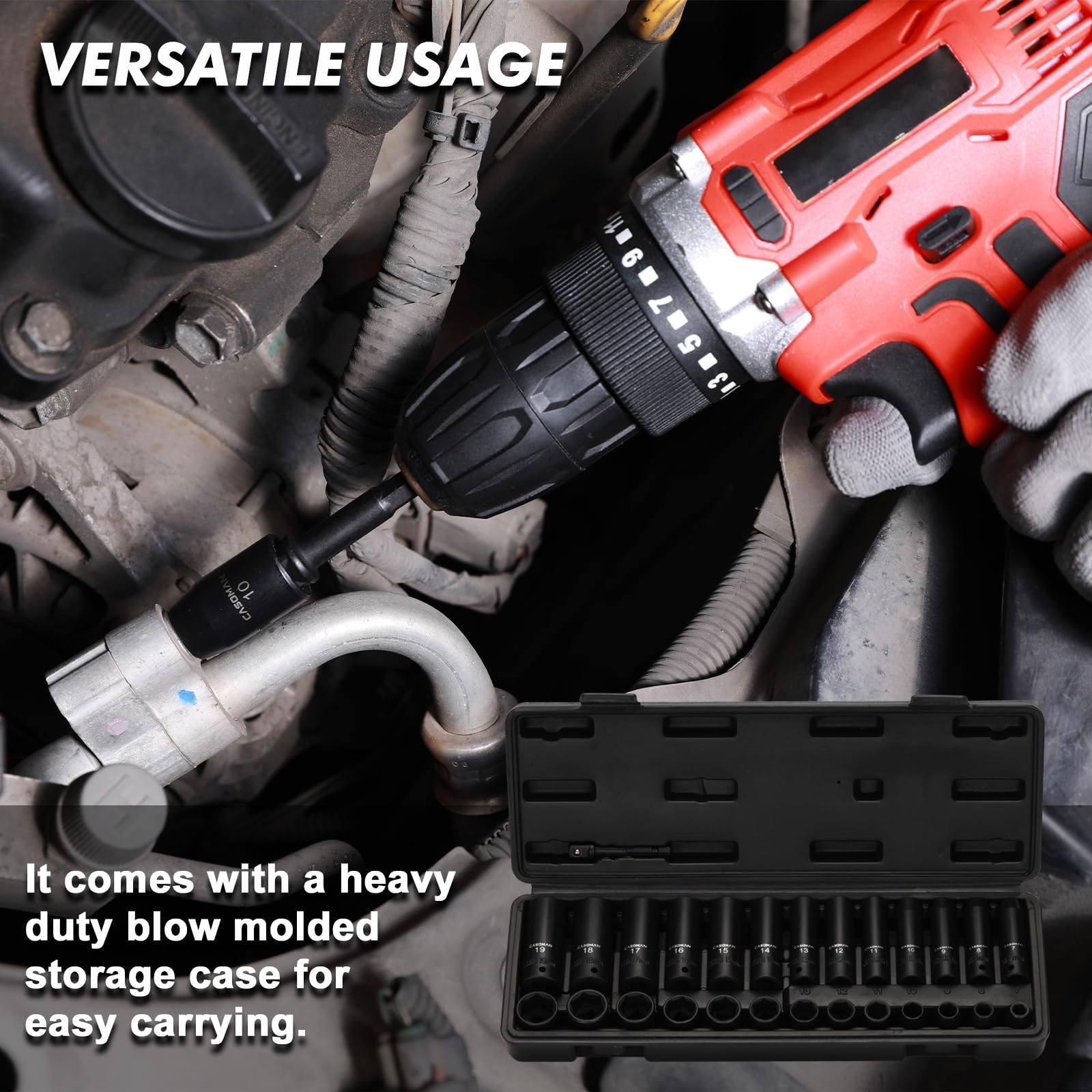 CASOMAN heavy-duty blow-molded case keeps tools organized.