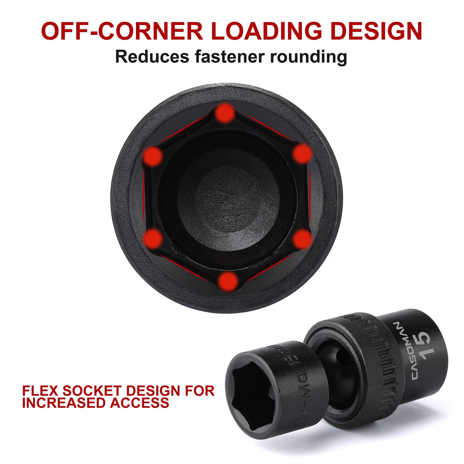 Casoman CR-MO steel sockets with corrosion-resistant finish for durability.