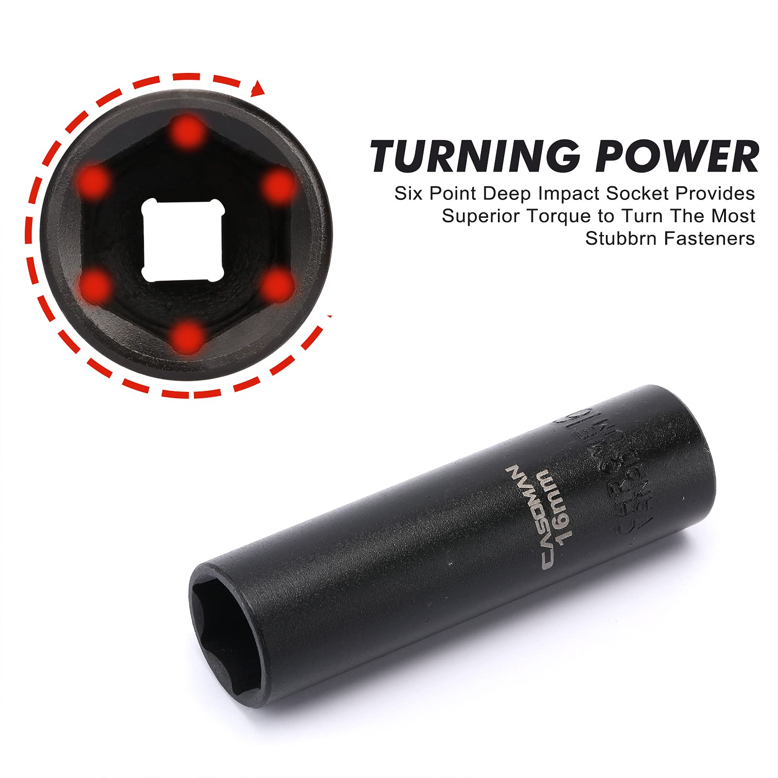CASOMAN 12mm hex socket built to withstand high-torque impact sessions.