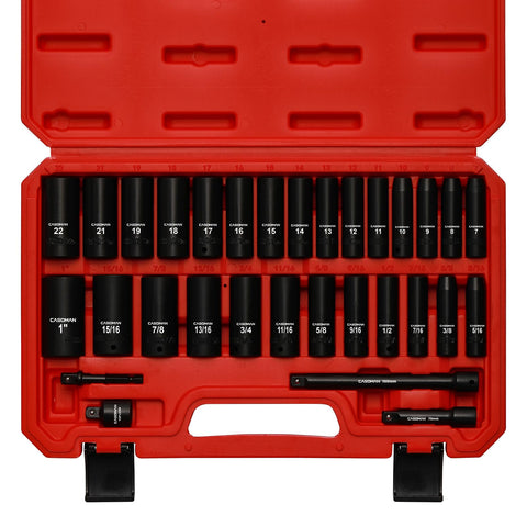 CASOMAN deep socket set with 3/8-inch drive for versatile automotive work.