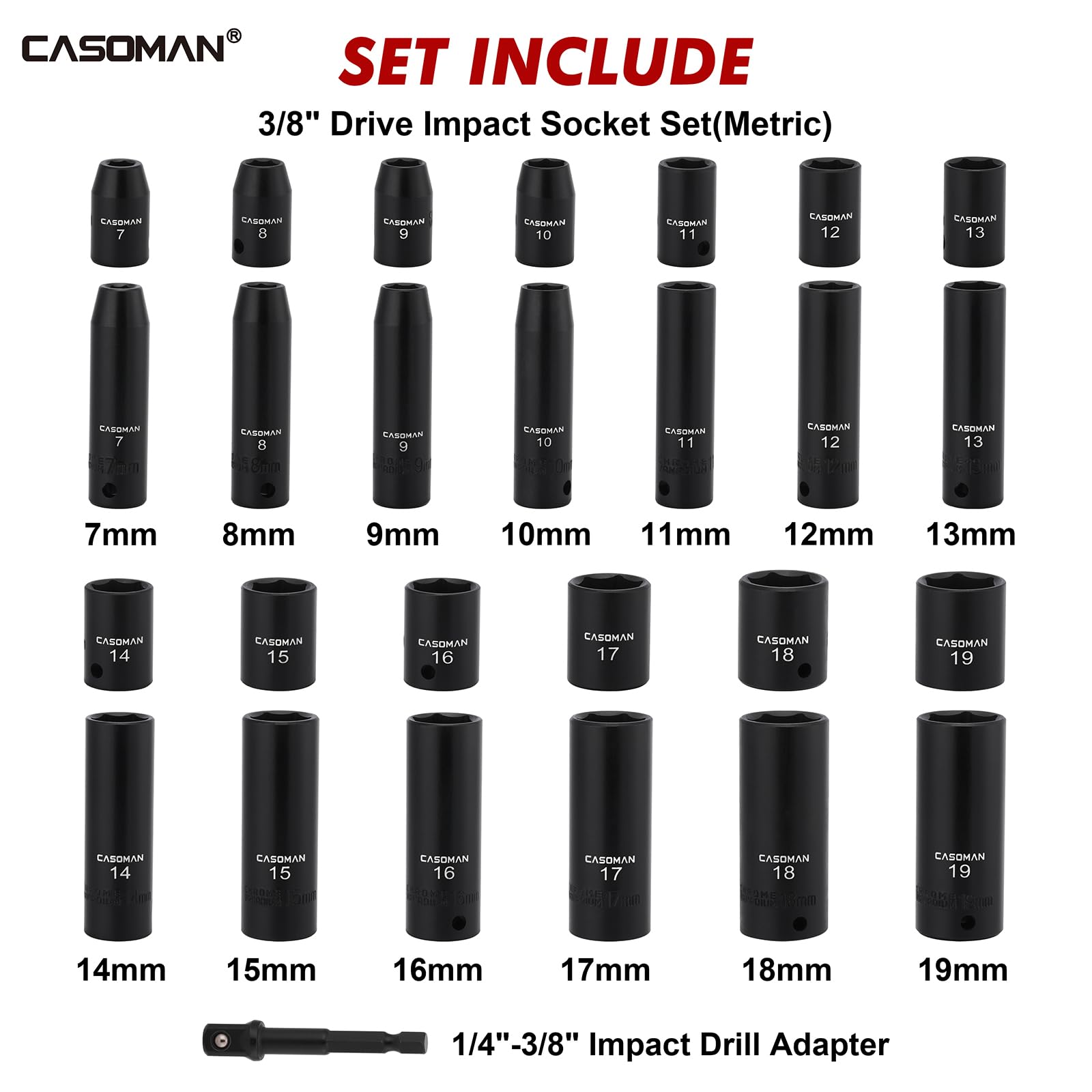 CASOMAN deep sockets close-up showing precise sizes for easy identification.