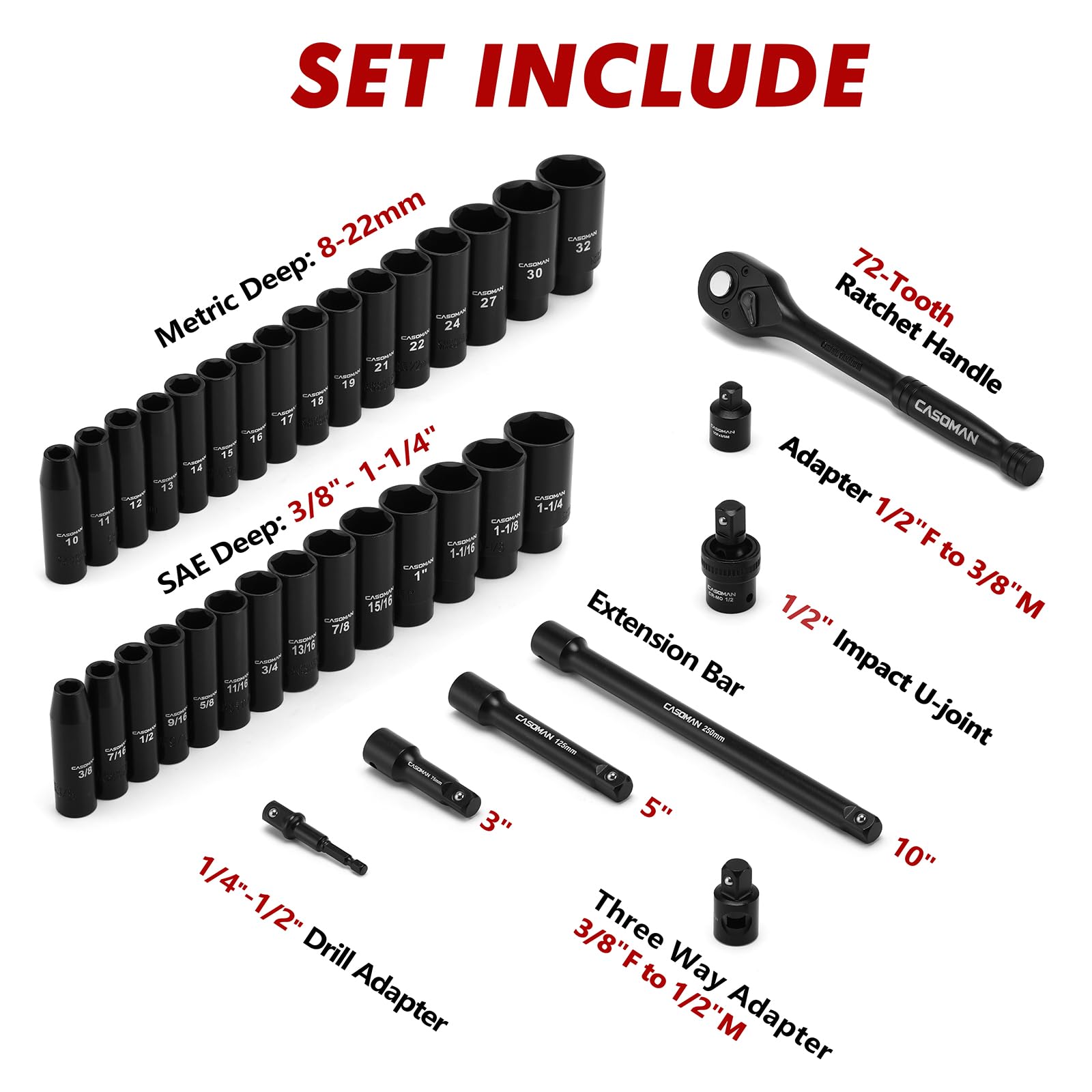 Casoman deep metric sockets with 10-32 mm range for metric fasteners.