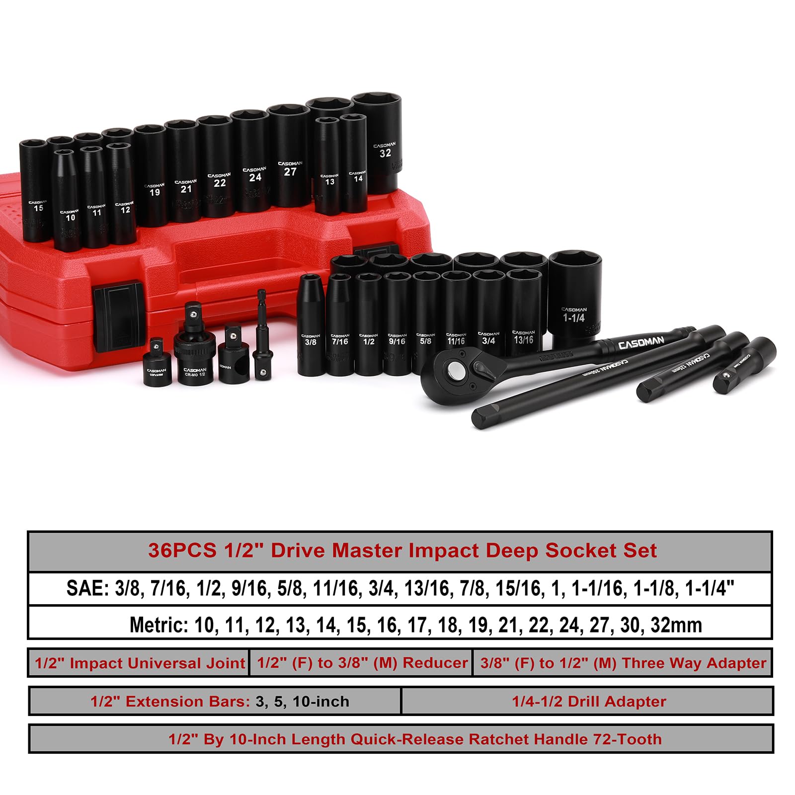 Casoman deep SAE sockets in standard sizes for automotive repairs and maintenance.