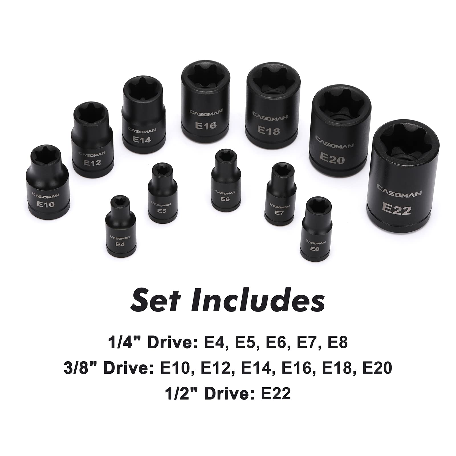Casoman E-Torx sockets 3/8 inch drive E16 to E20 for mid-range tasks.