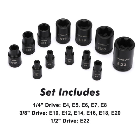 Casoman E-Torx sockets 3/8 inch drive E16 to E20 for mid-range tasks.