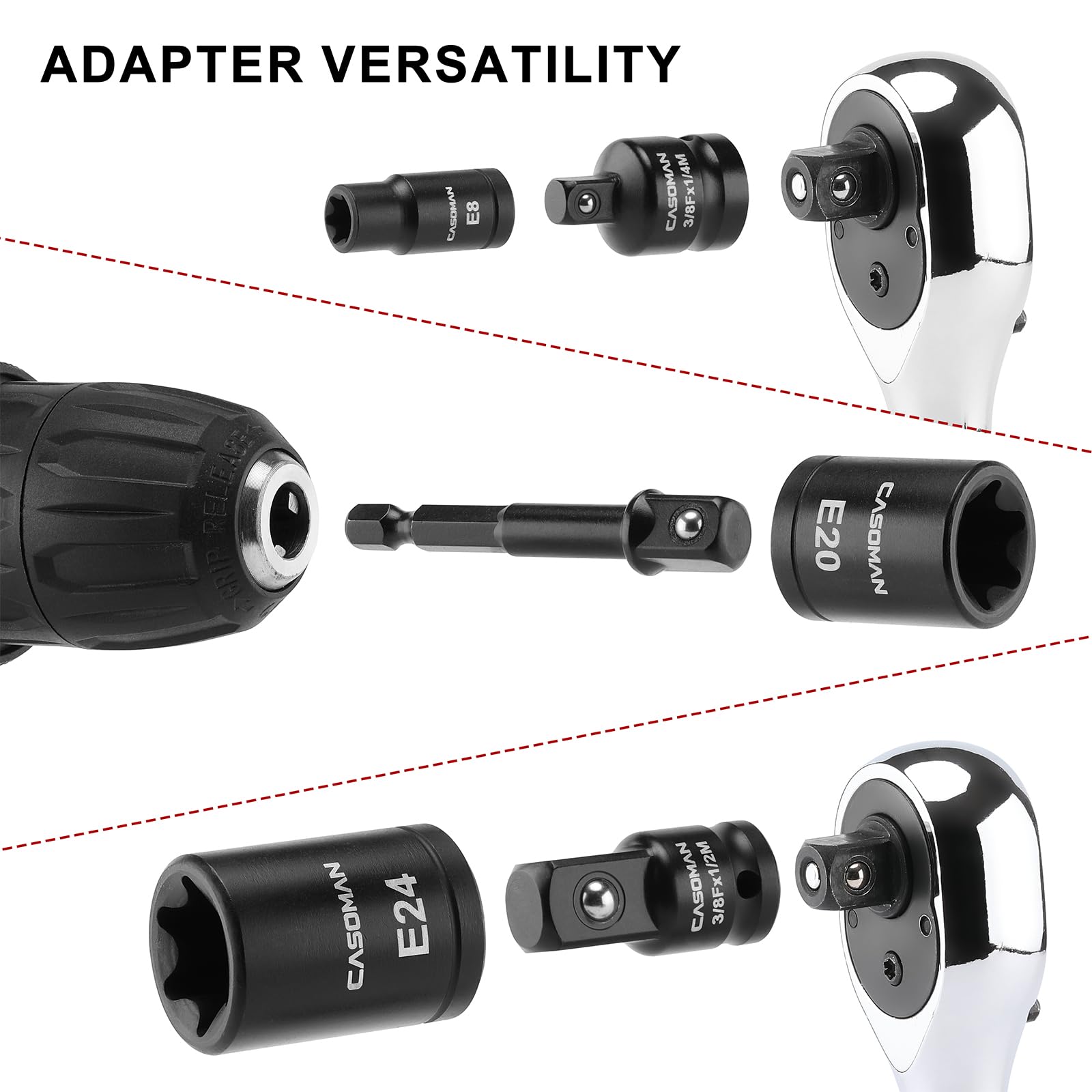 Casoman ETorx sockets in multi-drive configuration for flexible setups.