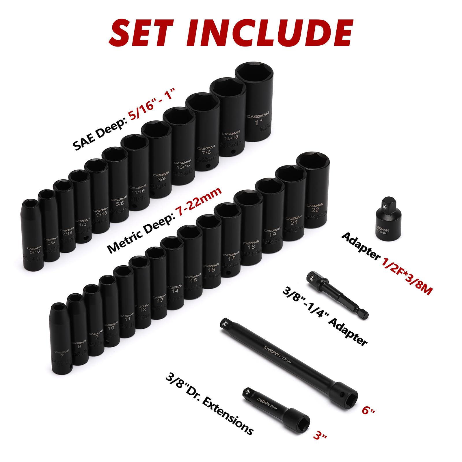CASOMAN 6-inch extension bar adds extra reach for stubborn bolts.