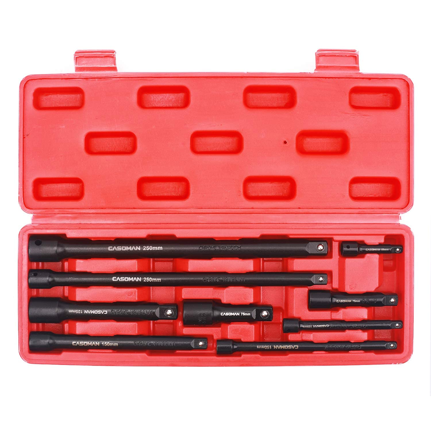 Casoman extension bar set closeup chrome finish highlights durability