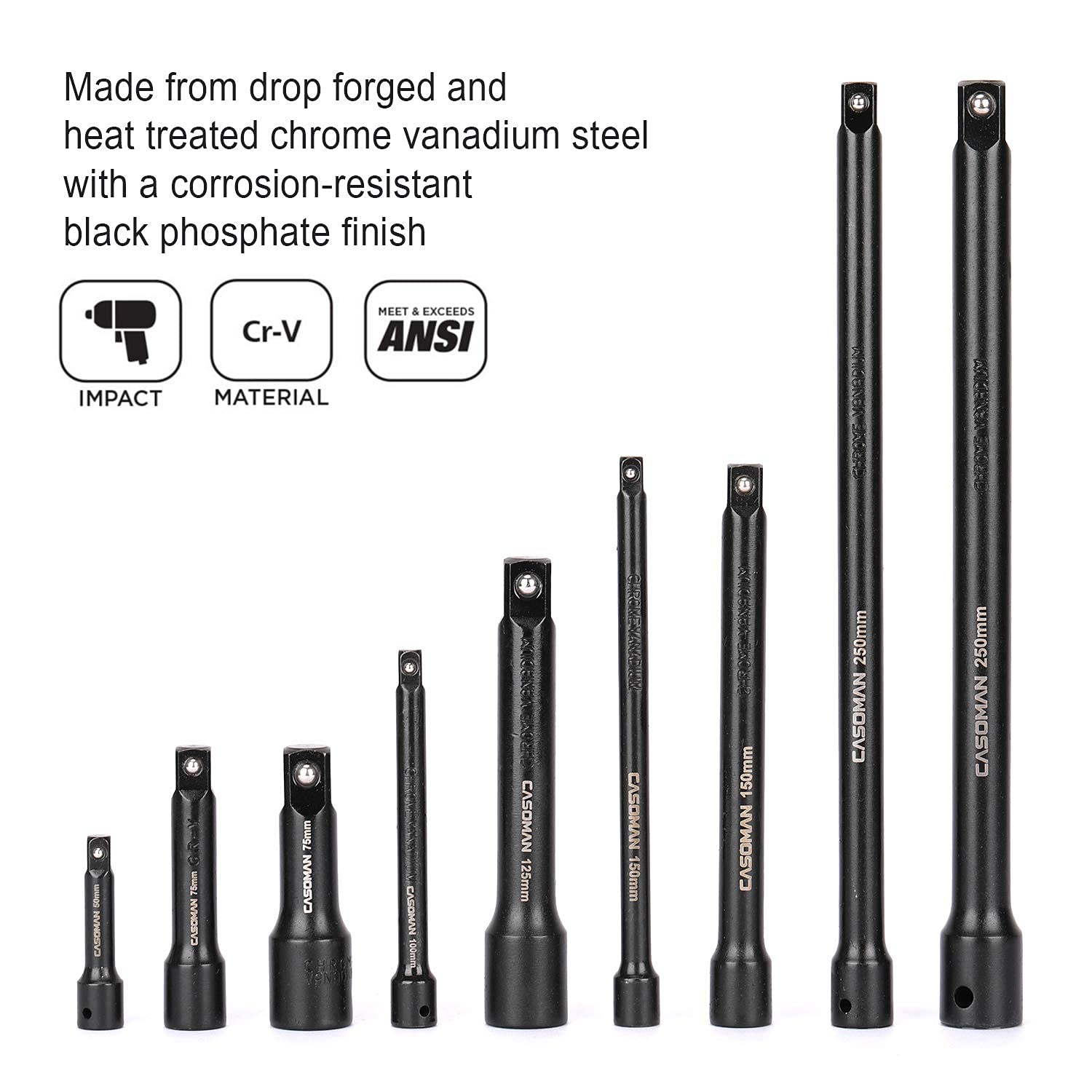Casoman extension bar set shows socket fit with detent ball for security