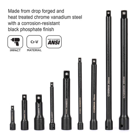 Casoman extension bar set shows socket fit with detent ball for security