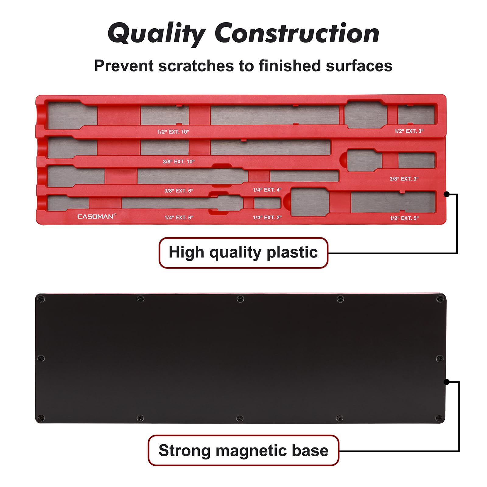 Casoman holds extension bars storage for quick access to twelve bars.