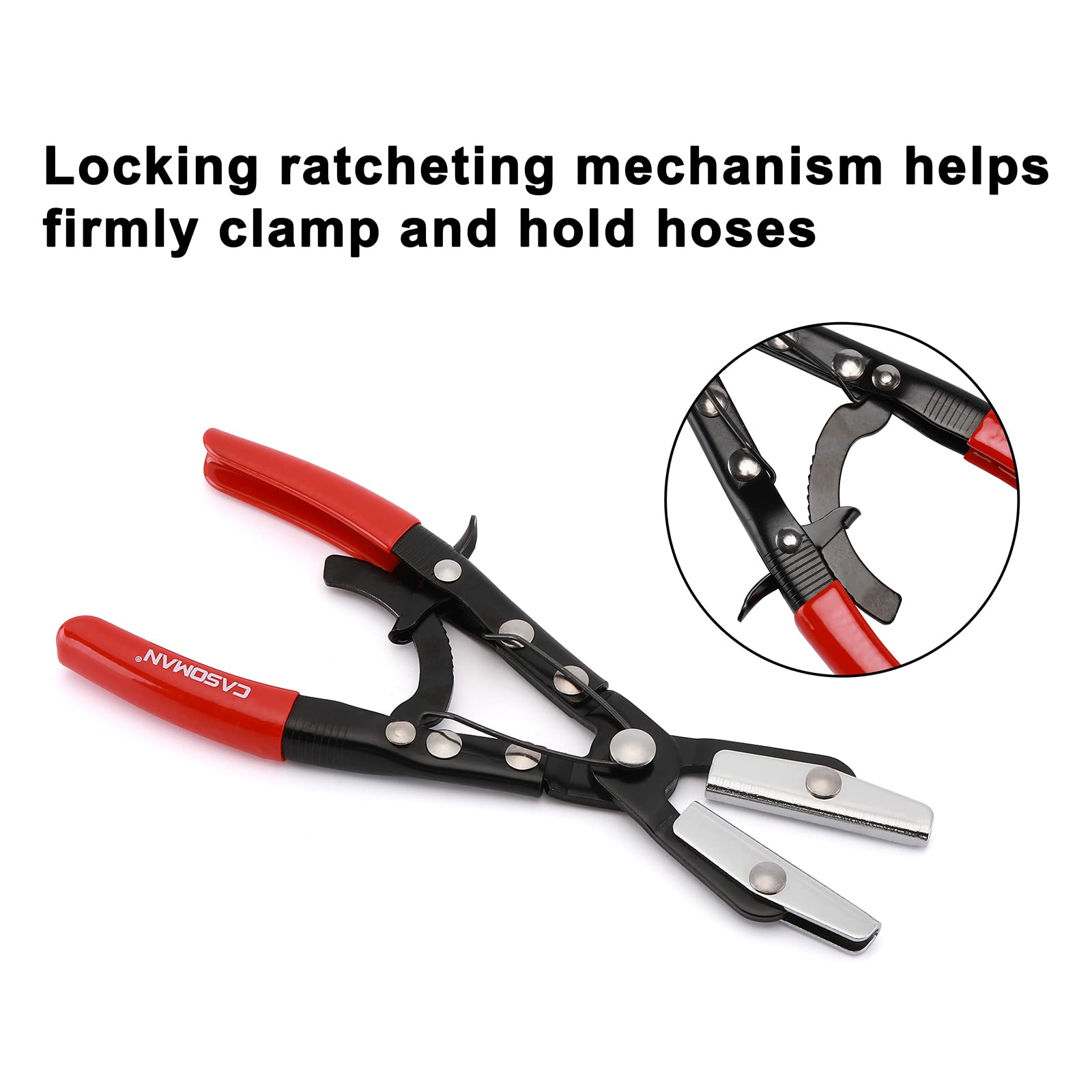 CASOMAN locking ratchet hose plier close-up showing quick shut-off action for tight seals