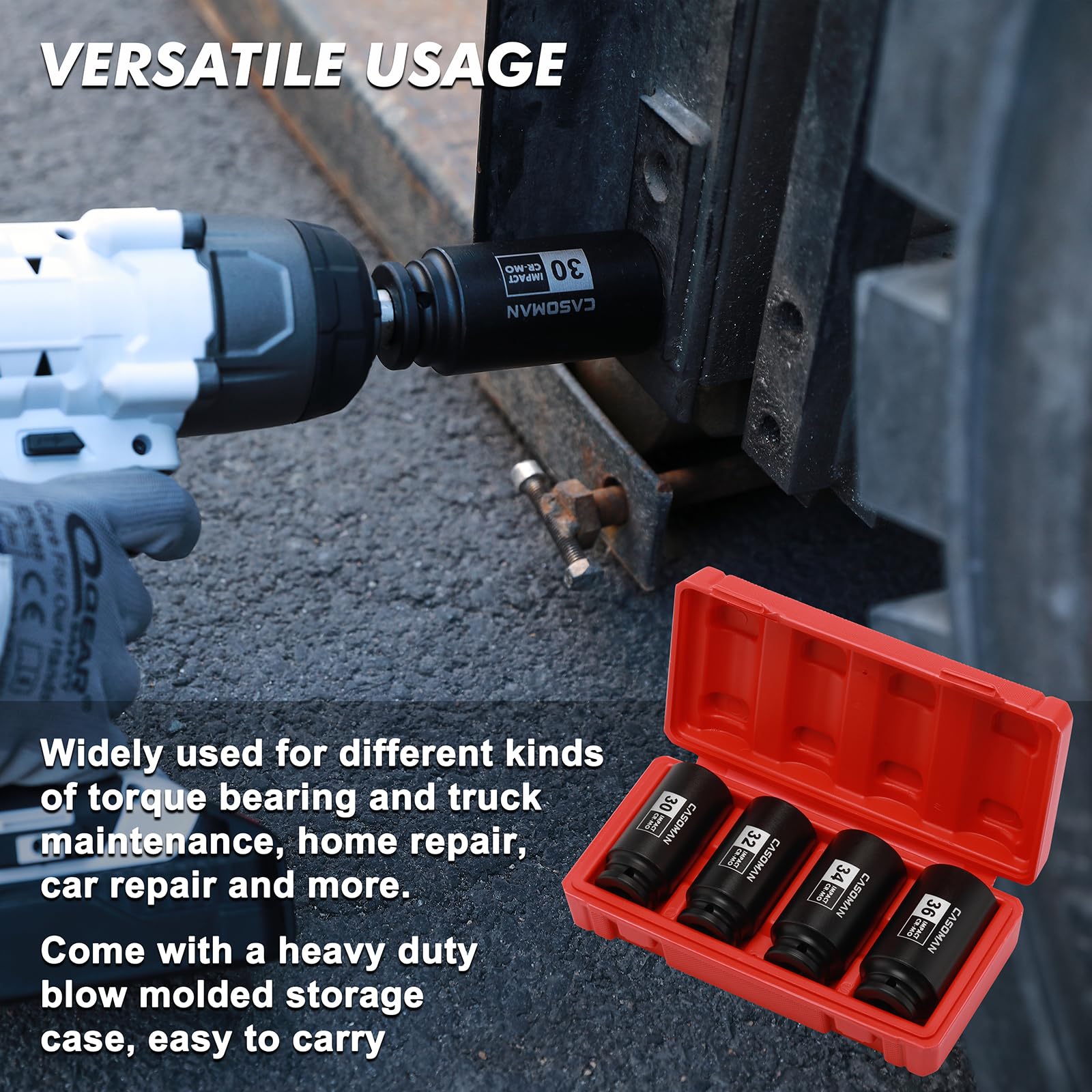 CASOMAN impact socket set in use with compatible driver for efficient service tasks