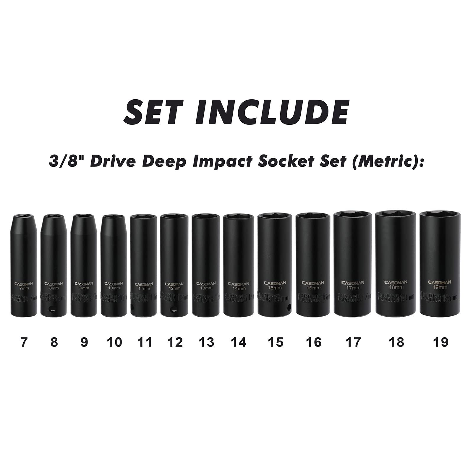 Casoman sockets with laser-etched sizes for quick identification during jobs