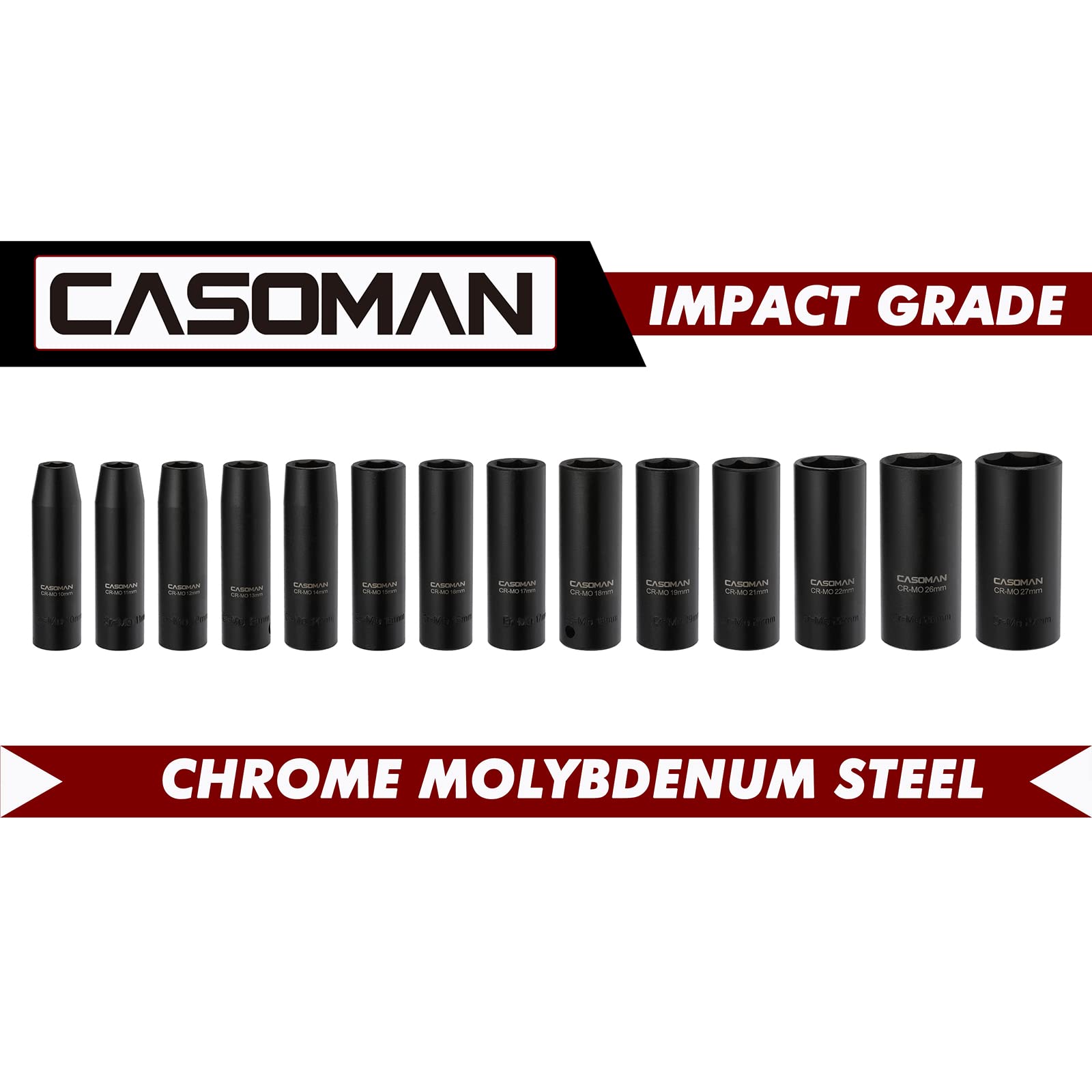 CASOMAN sockets showing laser-etched size markings for readability