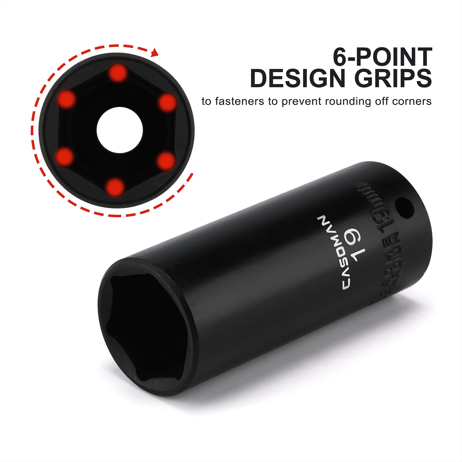 CASOMAN laser-etched sizes on sockets for quick selection.