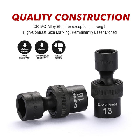 Casoman laser-marked socket sizes for quick identification in dim light.