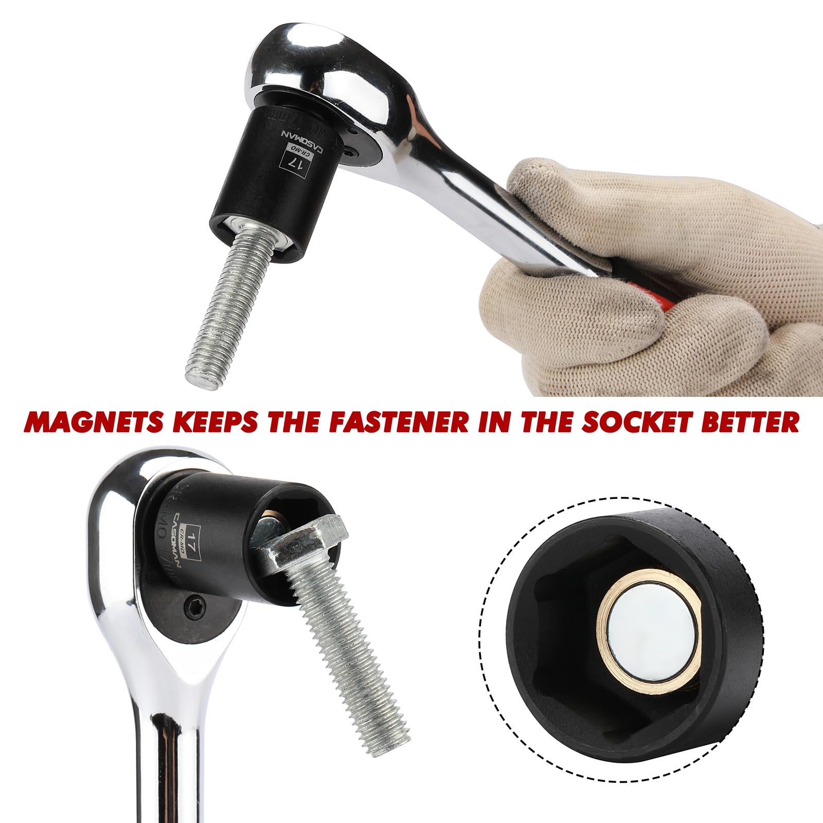 CASOMAN metric sockets 7mm to 19mm with laser-etched sizes for quick selection.