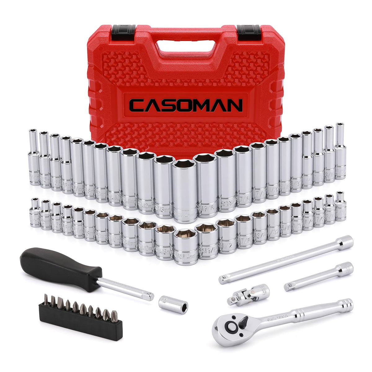 CASOMAN 1/4-inch drive socket set in case for portable organization and quick access.
