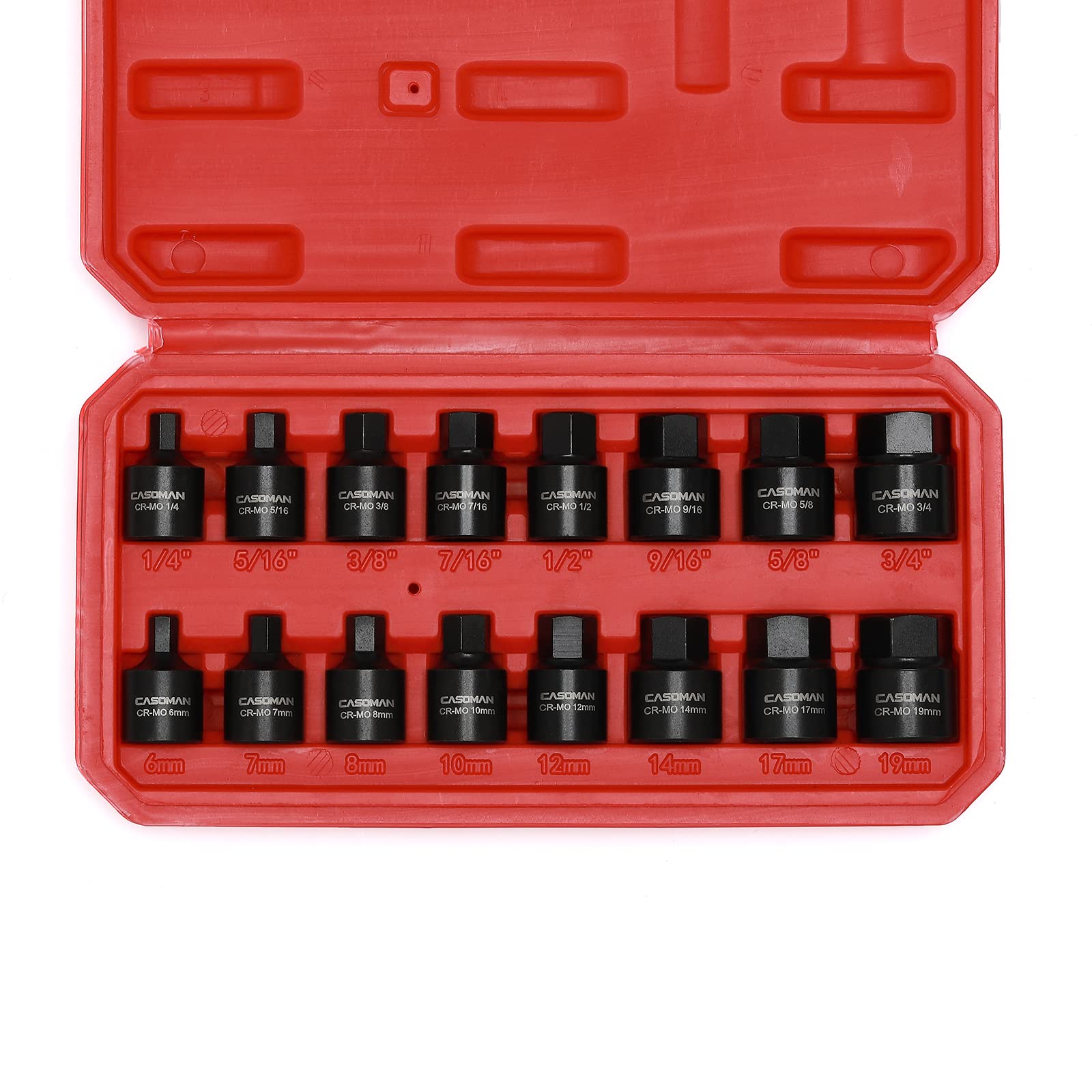 CASOMAN SAE and metric hex sockets laid out for quick size recognition