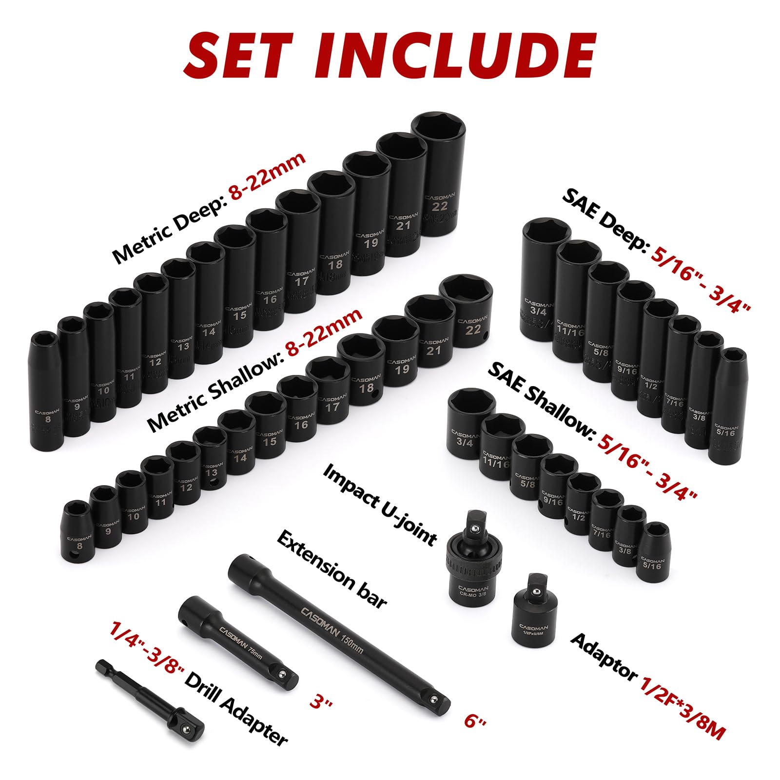 CASOMAN shallow 6-point sockets with laser-etched sizes for quick ID