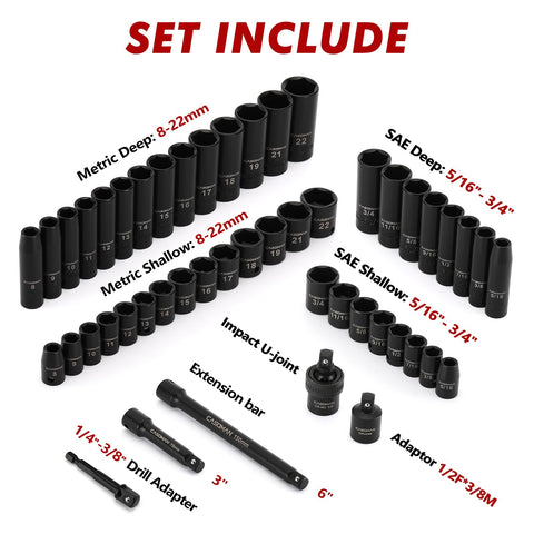 CASOMAN shallow 6-point sockets with laser-etched sizes for quick ID