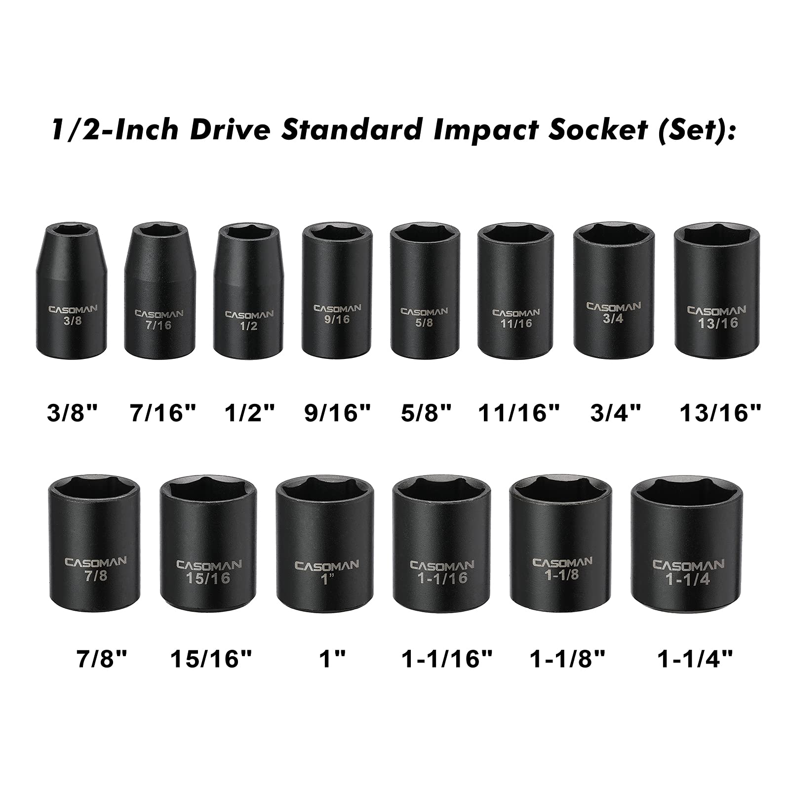 Casoman socket set with laser etched size markings for quick selection.