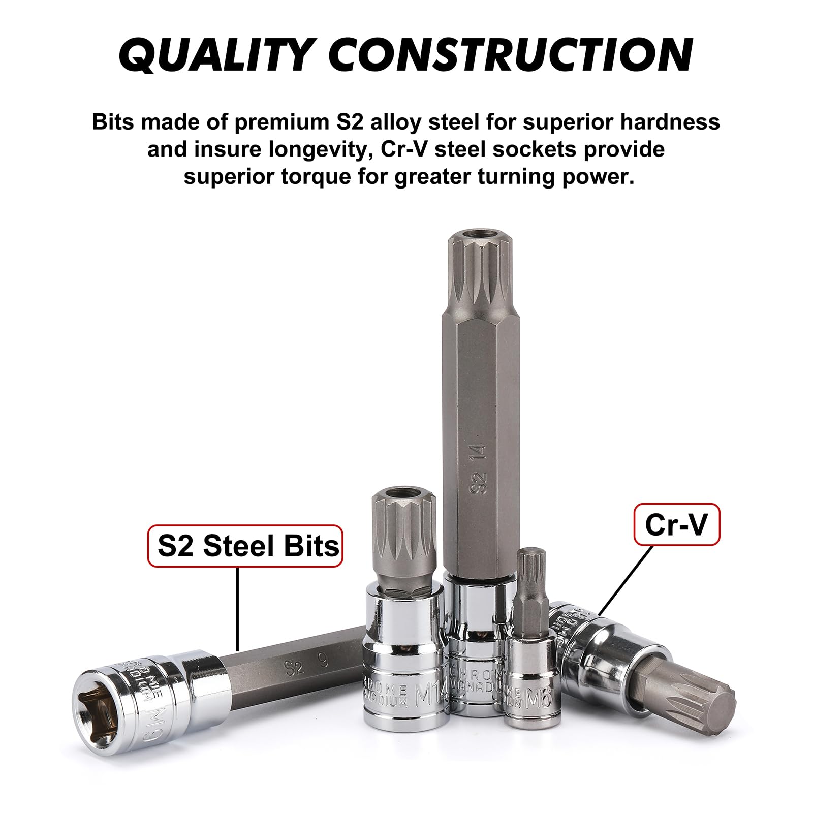 CASOMAN 3/8 drive tamper-proof bits M8–M14 for secure fasteners.
