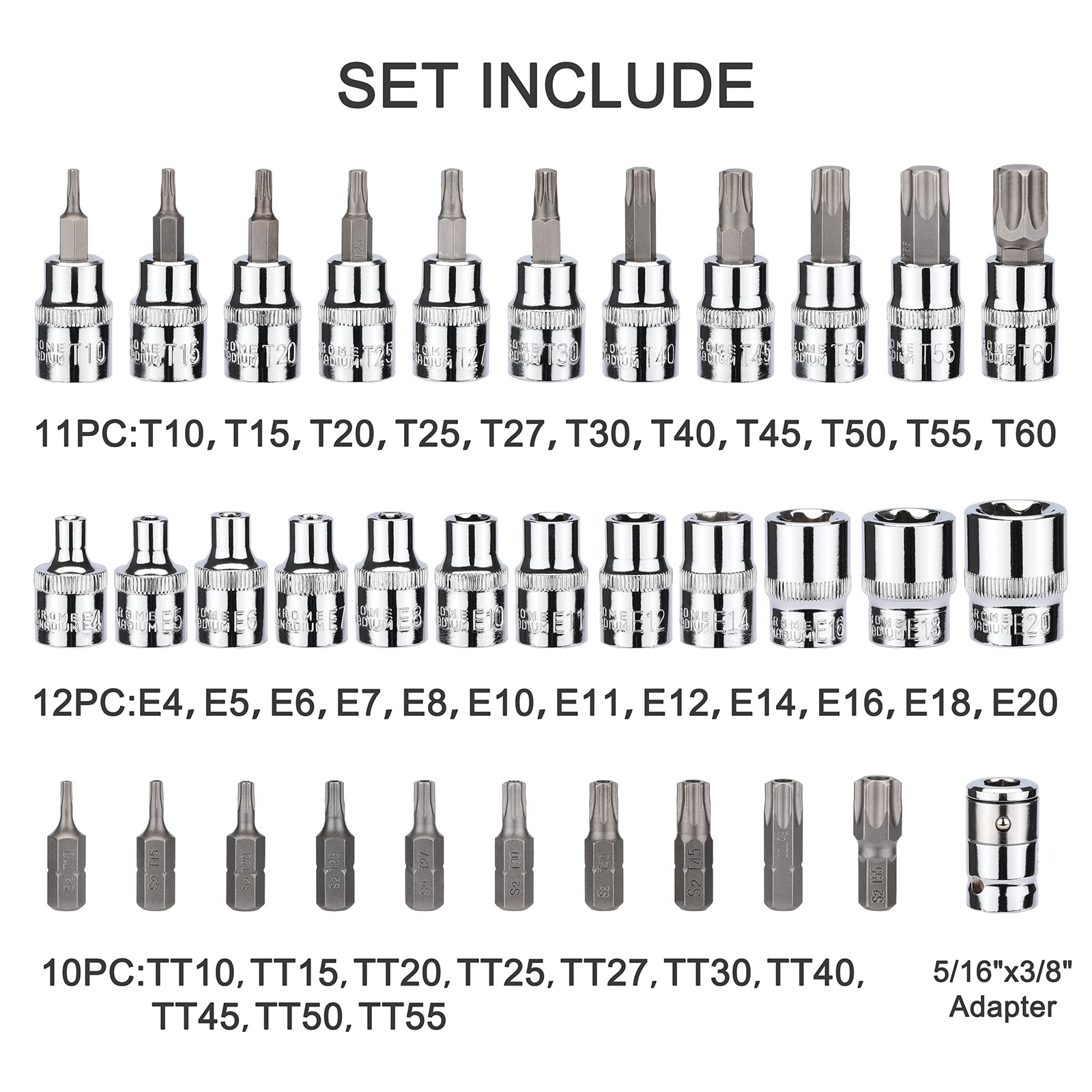 Casoman tamper-proof torx set TT10–TT55 for secure fastener engagement.
