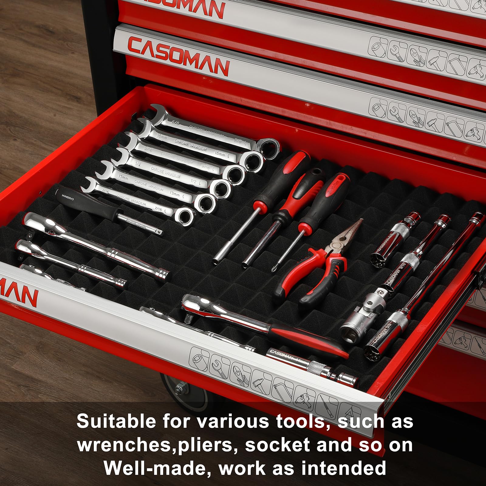 Black CASOMAN toolbox liner blends with interior and protects tools