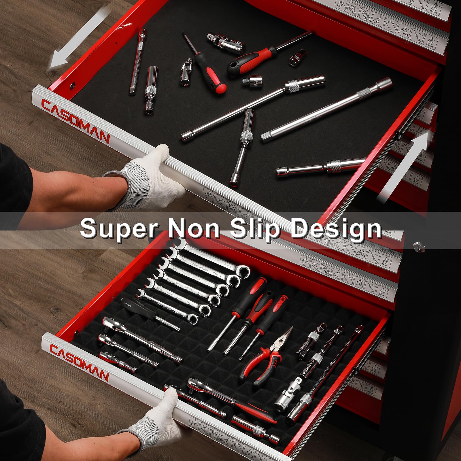 Protective cushioning reduces tool impact and scratches in drawers