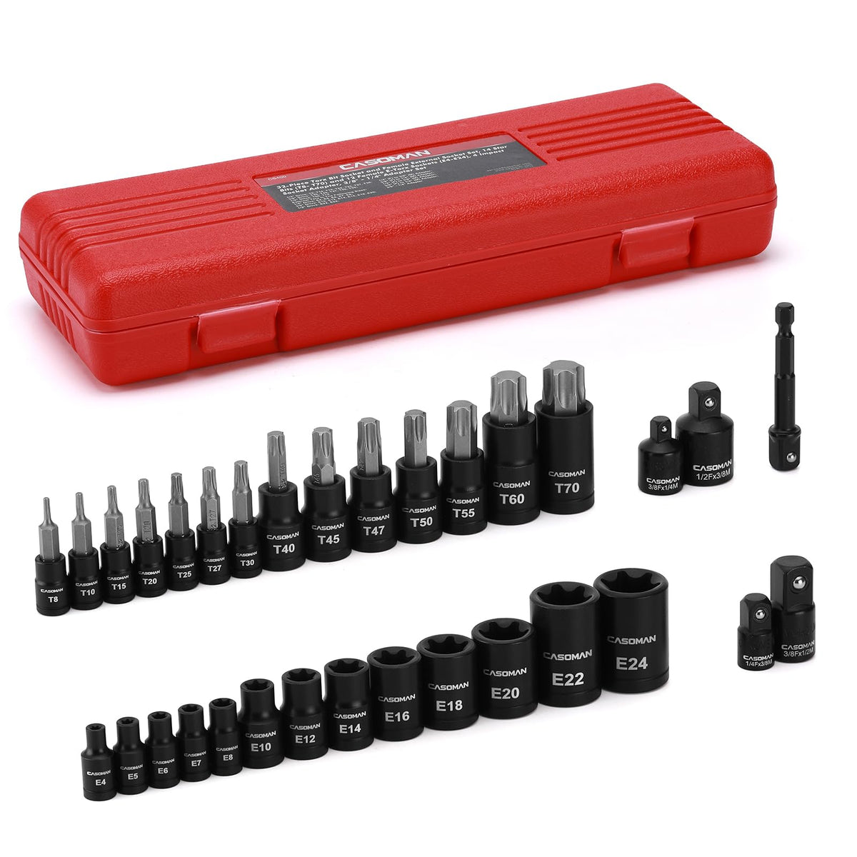 Casoman torx bits set with 14-star profiles for precise fastener compatibility.